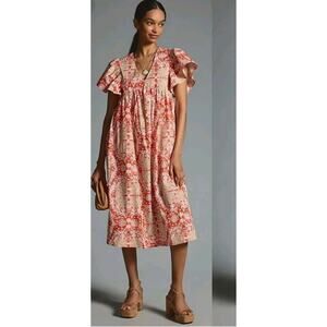 Anthropologie Maeve Printed Flutter-Sleeve Babydoll Dress Size Small Pink Combo